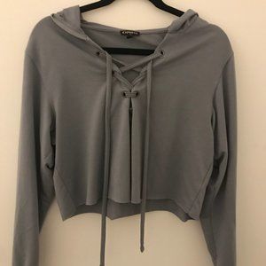 Purple lace up cropped sweater with hood